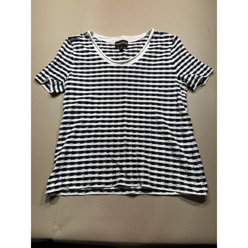 Emporio Armani Womens Black White Checkered Textured Short Sleeve Top Scoop Neck